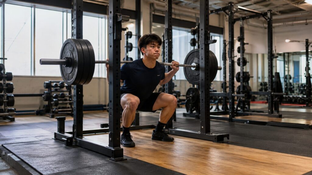 筋トレと有酸素運動の順番を考えながらバーベルスクワットで筋力を鍛える男性