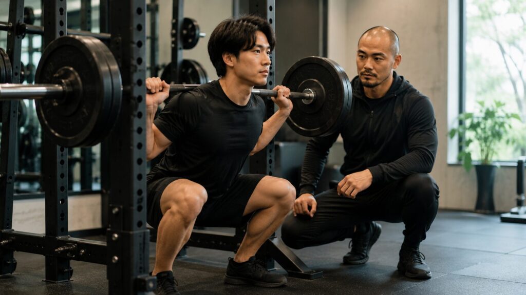 バーベルスクワットを行う男性のフォームをトレーナーが確認する様子