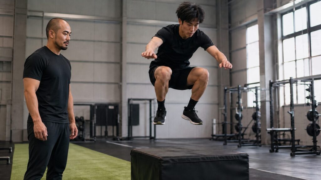 非線形ピリオダイゼーションのパワー日にボックスジャンプを行う日本人アスリート