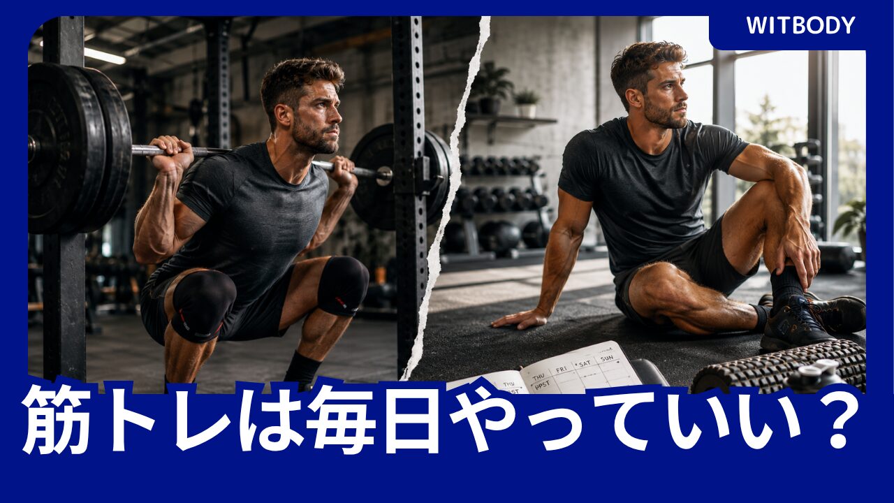 毎日の筋トレと休息日のバランスを考え、部位分けの週間メニューを確認する男性