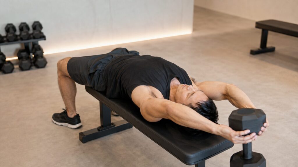 ベンチに仰向けになってダンベルプルオーバーを行う男性