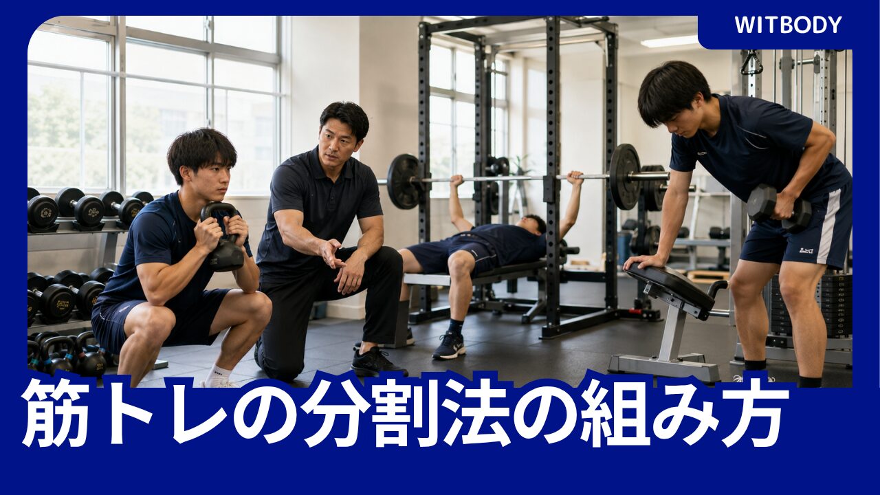 部活生がコーチの指導を受けながら全身法の週3回メニューとしてスクワット、ベンチプレス、ダンベル種目に取り組む様子