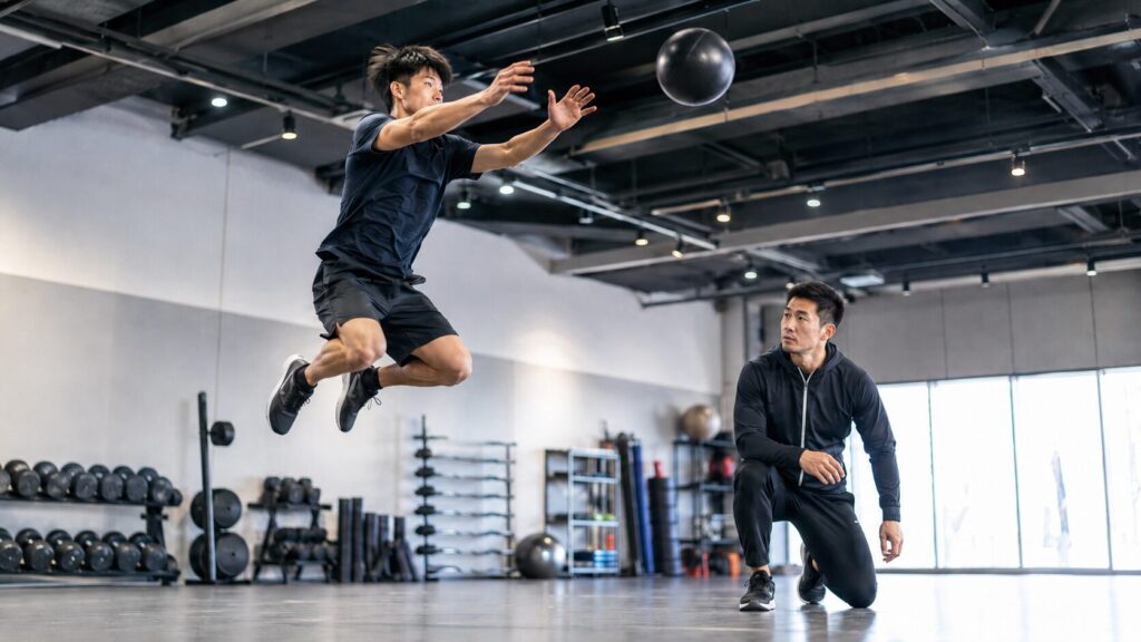 ジムで日本人アスリートがジャンプ系のパワートレーニングを行い、コーチが動きを確認している様子