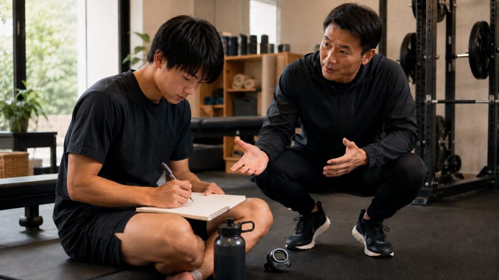 ジムで日本人の学生アスリートが全身法メニューについてS&Cコーチと相談している様子