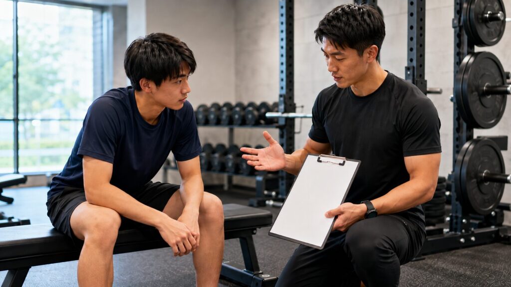 ジムで日本人の学生アスリートがトレーニング記録を書き、S&Cコーチが内容を確認している様子
