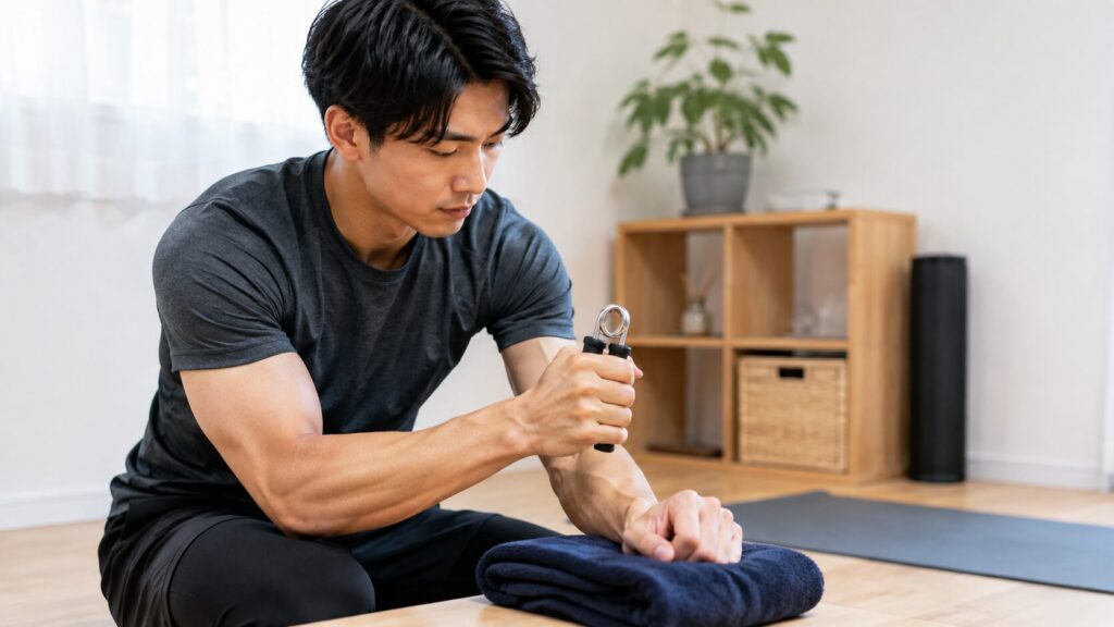 ハンドグリップを握って握力を鍛える男性