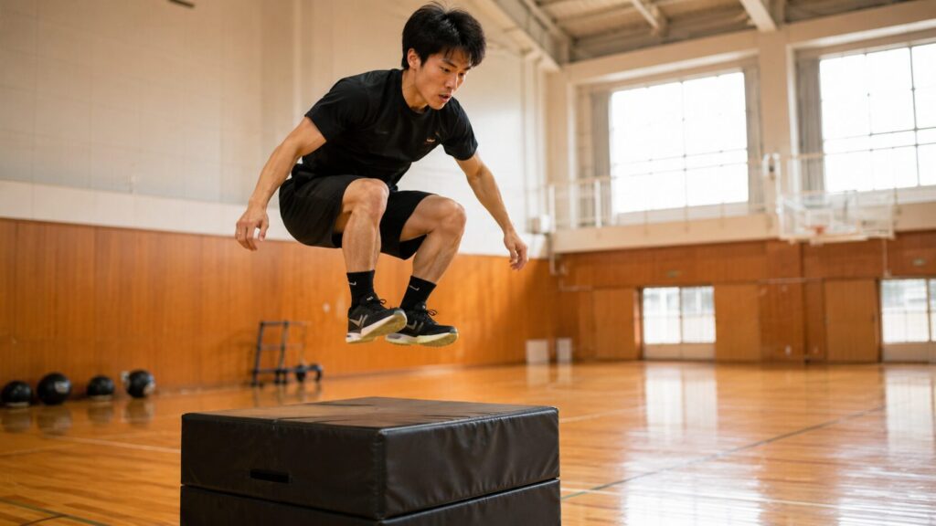 高校生が体育館でボックスジャンプによるパワートレーニングを行う様子
