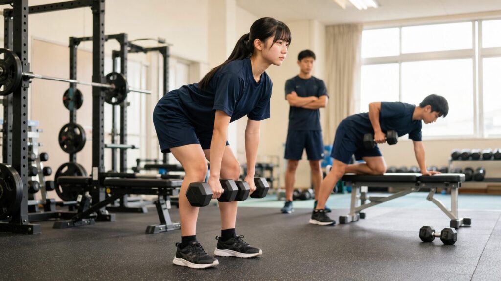高校生がダンベルRDLなどで下半身と背中を鍛える全身筋トレの様子