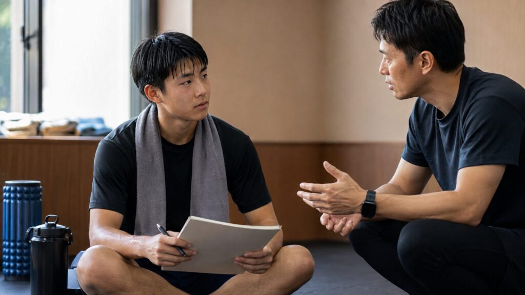 高校生がコーチと筋トレの重量や回数をトレーニングノートで振り返る様子
