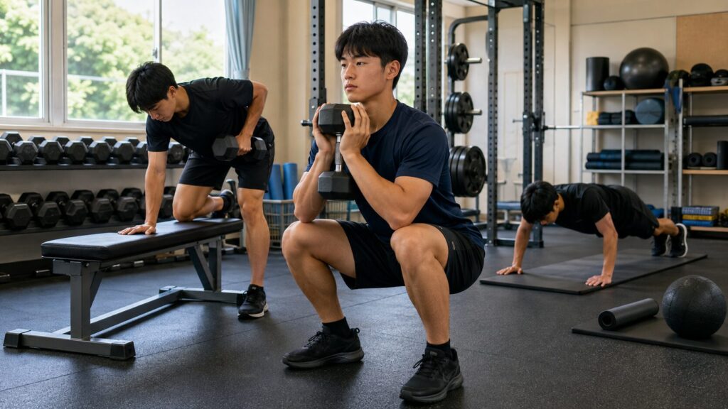 ゴブレットスクワットやワンハンドローで全身を鍛える日本人の部活生