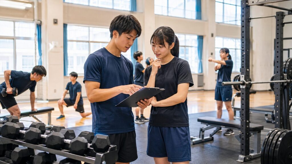 部活と両立する筋トレ1週間メニューを確認する日本人の学生アスリート