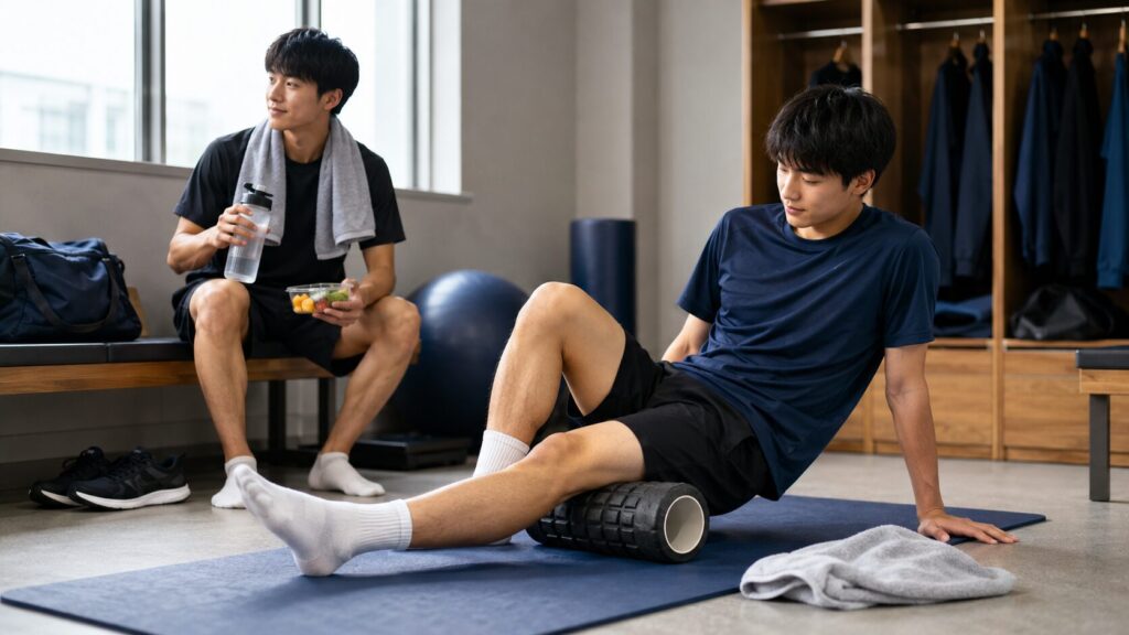 筋トレ後にフォームローラーと水分補給で回復する日本人の部活生