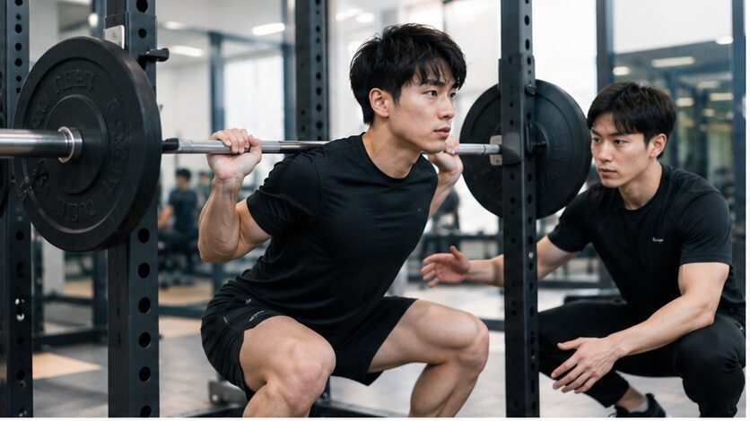 指導者に見守られながらバーベルスクワットを行う日本人男性の筋トレ風景