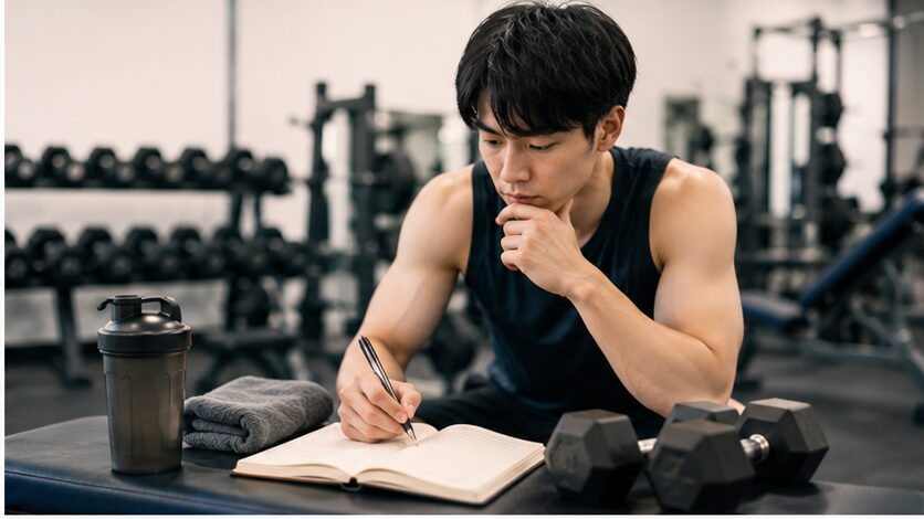 筋トレ後に重量や回数をノートへ記録する日本人男性