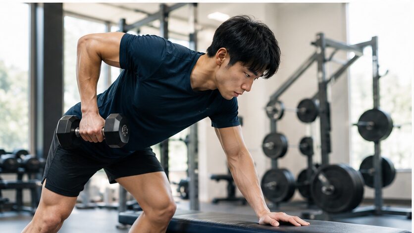 ワンハンドダンベルローで背中を鍛える日本人男性の筋トレ風景