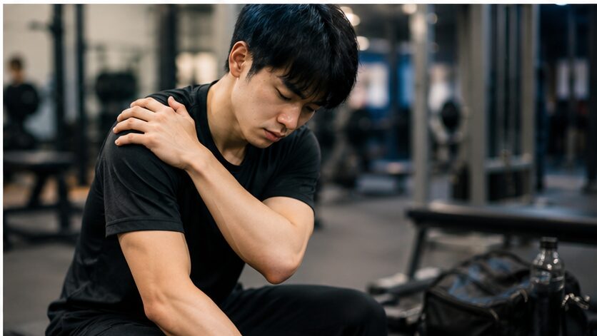 筋トレ後に肩の疲労や違和感を確認する日本人男性