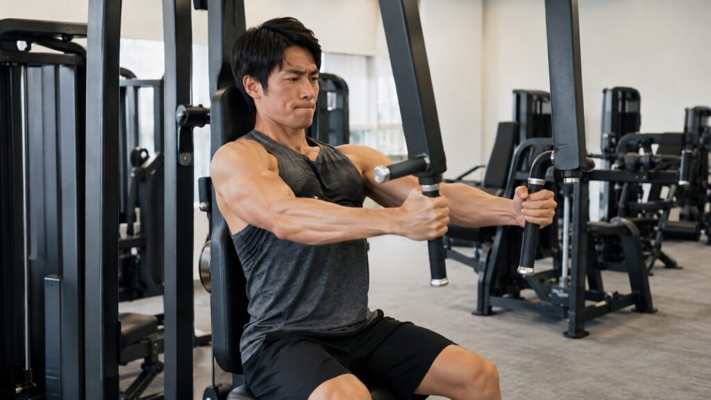 チェストプレスマシンを使って胸の筋肉を鍛える男性