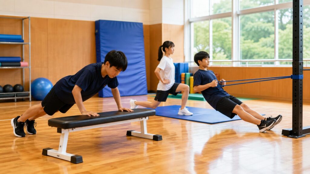 中学生が体育館で腕立て伏せ、ランジ、チューブローを行う全身トレーニング風景