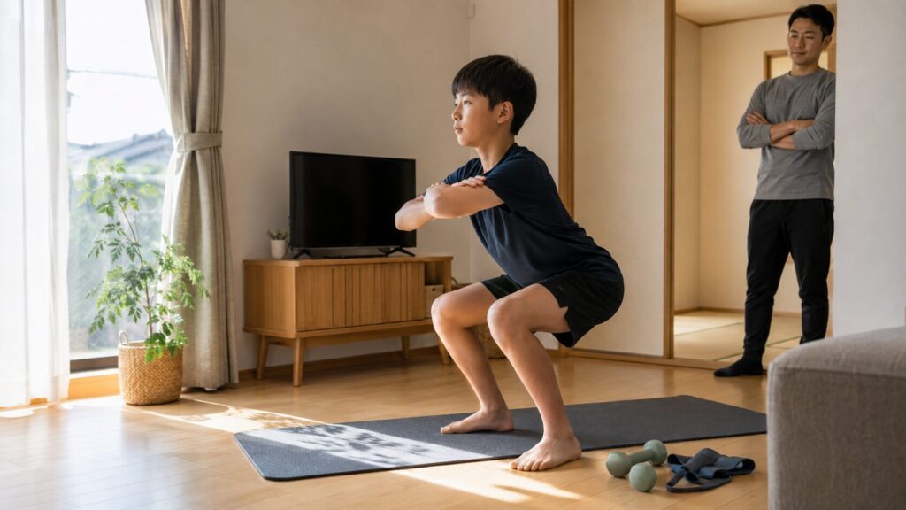 自宅で保護者に見守られながら中学生が自重スクワットを行う様子