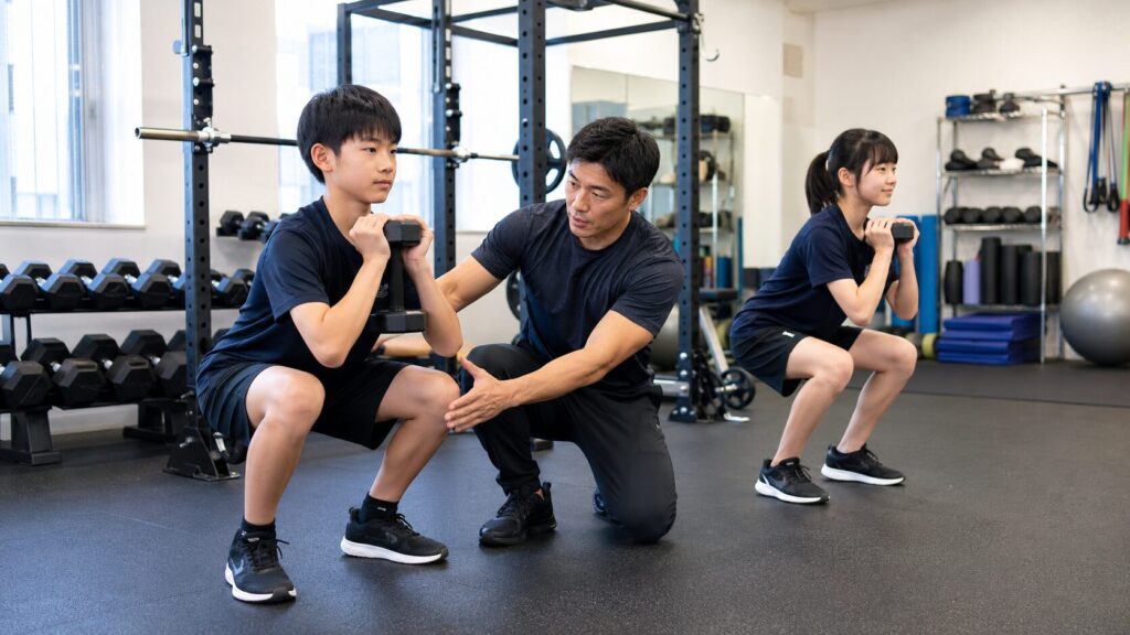 中学生がコーチの指導を受けながらゴブレットスクワットで正しいフォームを学ぶ様子