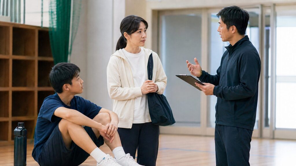 中学生の筋トレについて保護者と指導者が本人の状態を共有している場面
