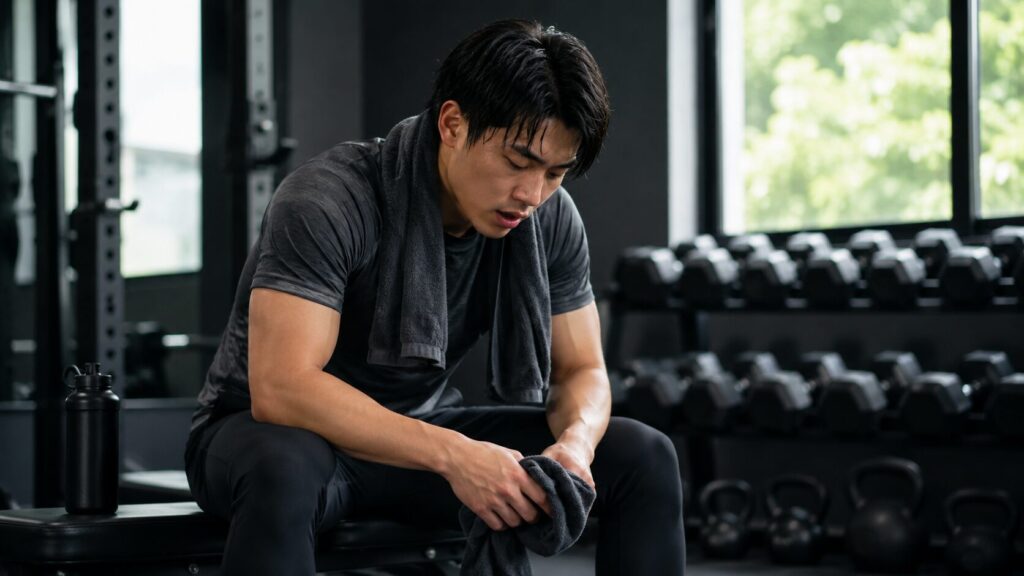 筋トレ後にベンチへ座って休息を取り回復する男性