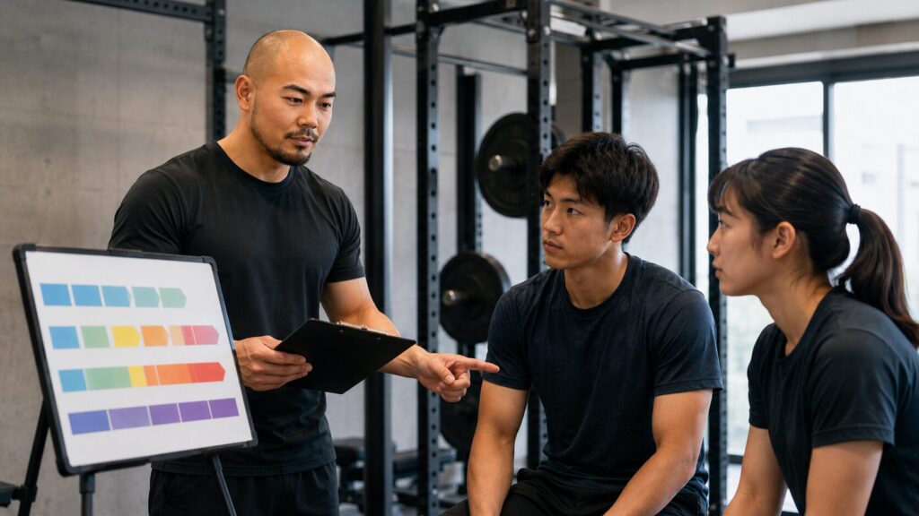 非線形ピリオダイゼーションの重量や回数をコーチとトレーニングノートで確認する日本人アスリート