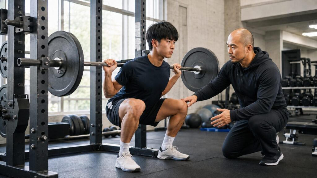 PPL筋トレのLegsの日にコーチの指導を受けながらバックスクワットを行う日本人男性