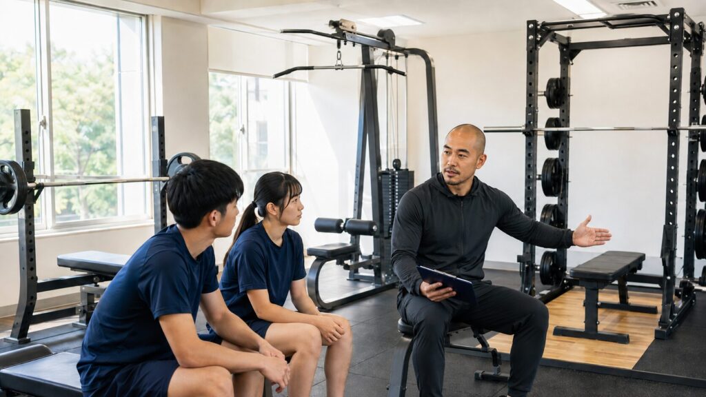 PPL筋トレのPush・Pull・Legsメニューについてコーチから説明を受ける日本人男女