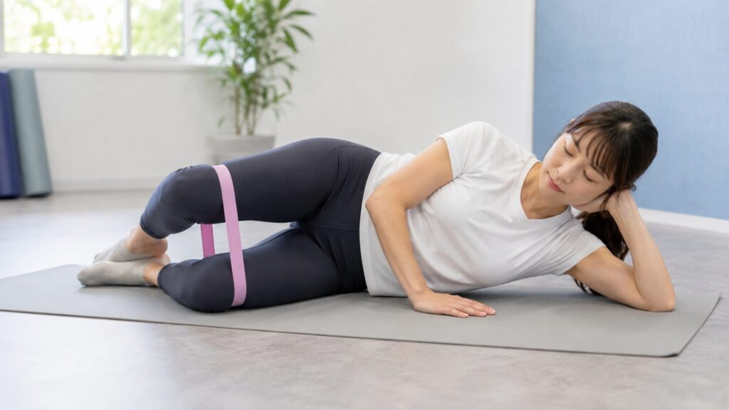 膝にトレーニングバンドを巻いてクラムシェルを行う女性