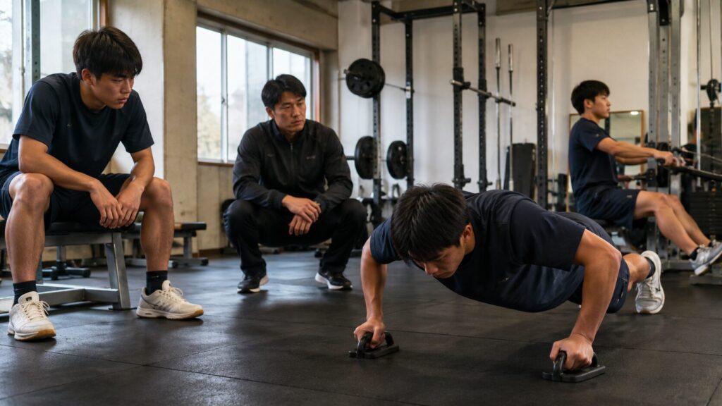 部活後にプッシュアップを行い指導を受ける日本人高校生の筋トレ風景