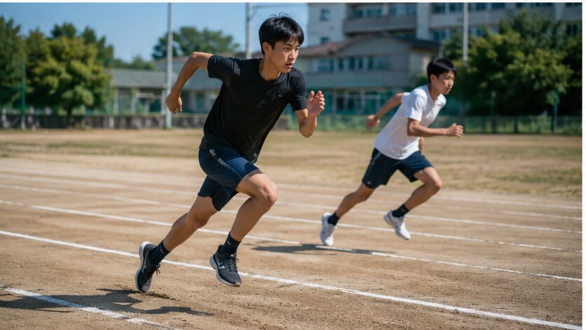 筋トレと有酸素運動の組み合わせを考えながらスプリント練習を行う男性アスリート