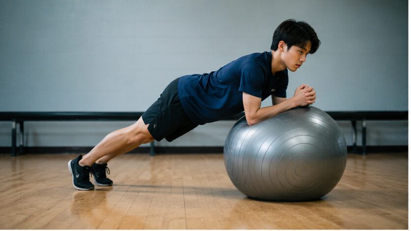 バランスボールを使ったプランクで体幹を鍛える男性
