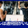 筋トレは週何回がいいかをテーマに、ダンベルカールと懸垂、週間トレーニング計画を表現したアイキャッチ画像