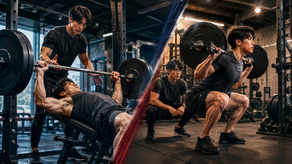 ベンチプレスとスクワットを分けて行う筋トレ分割法のトレーニング例