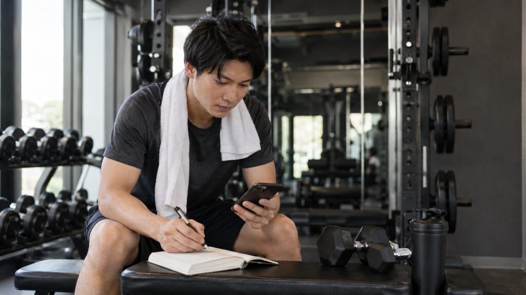 筋トレ後に重量や回数、RPEをノートとスマホで記録する男性