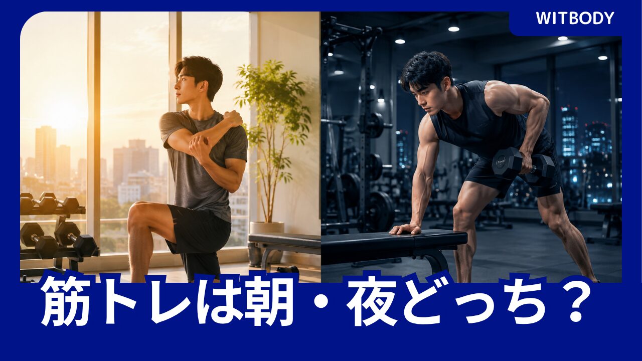 朝にストレッチする男性と夜にダンベル筋トレをする男性を比較した「筋トレは朝・夜どっち？」のアイキャッチ画像