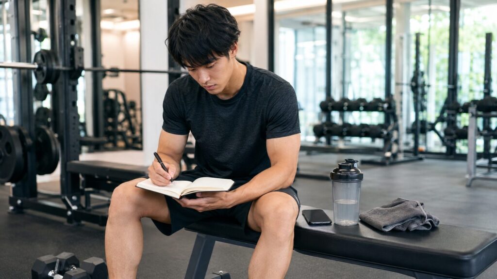 筋トレ後に回数や重量をトレーニングノートへ記録する日本人男性