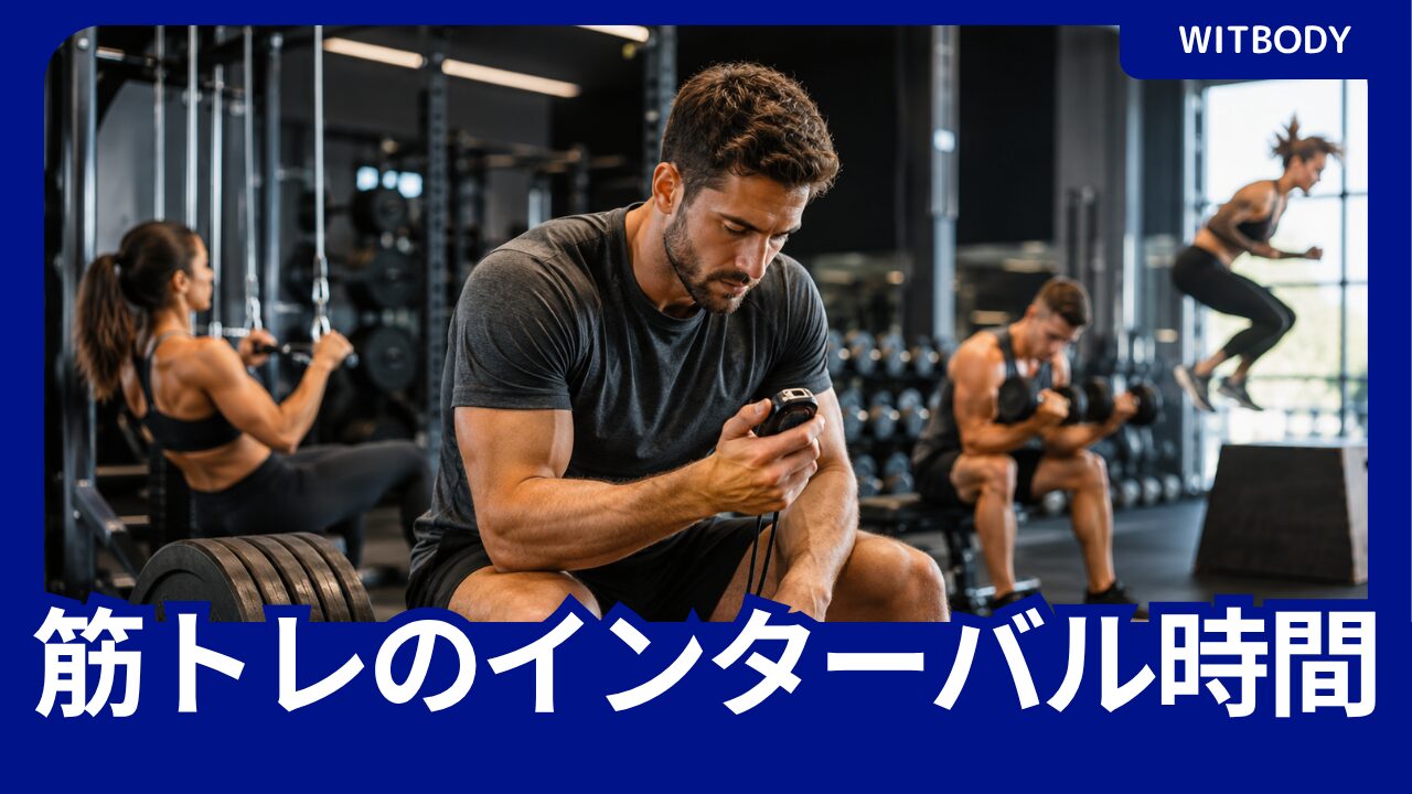 筋トレのセット間にベンチで休憩し、タイマーでインターバル時間を確認するトレーニー