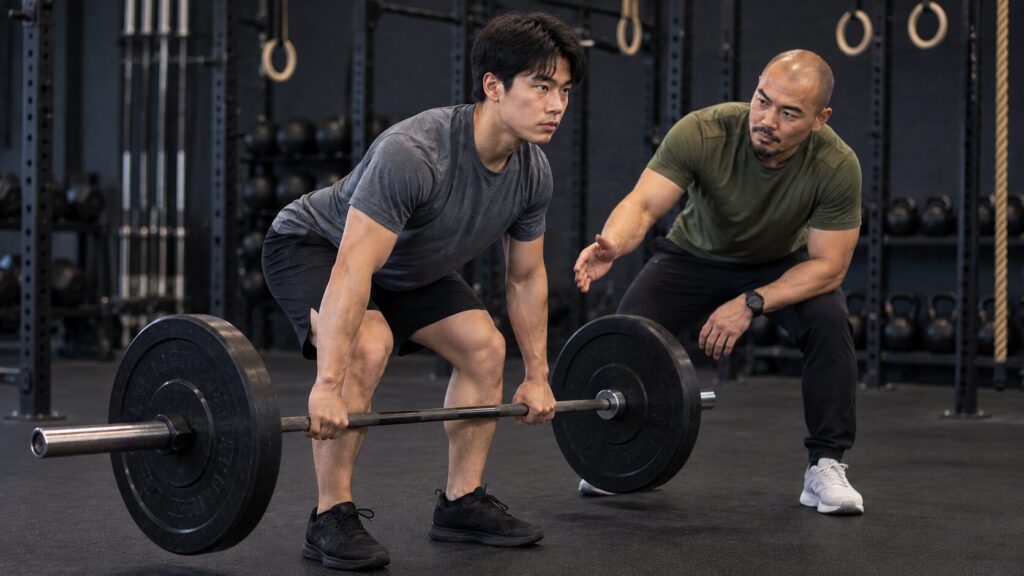 デッドリフトの開始姿勢とバーの位置を指導者と確認する様子