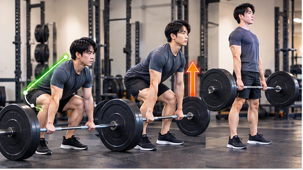 デッドリフトの正しいフォームと床から立ち上がるまでのバーベルの軌道を示す男性